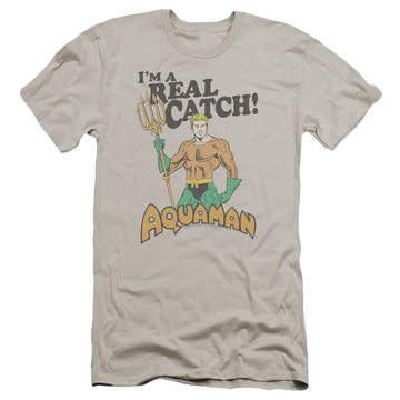 Silver men's premium slim fit t-shirt with Aquaman Real Catch graphic