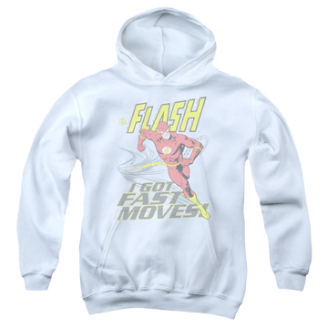 White youth hoodie for ages 8 to 12 with The Flash Fast Moves graphic