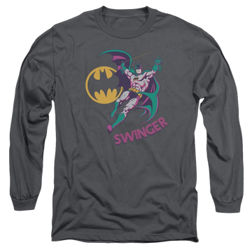 Charcoal men's long sleeve t-shirt with Batman DC Comics Swinger graphic