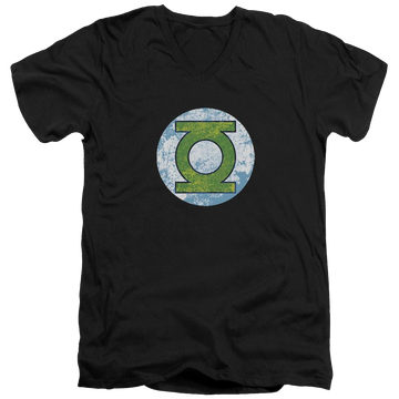 Black men's v-neck t-shirt with Green Lantern DC Comics Gl Neon Distress Logo graphic
