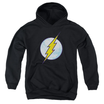 Black youth hoodie for ages 8 to 12 with Flash Neon Distress Logo graphic