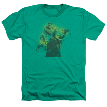 Kelly green men's heather t-shirt with Justice League Spray Sketch League graphic