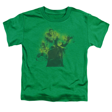 Kelly green toddler t-shirt with Justice League Spray Sketch League graphic