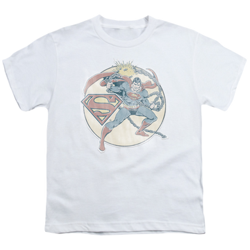 White youth t-shirt for ages 8 to 12 with Retro Superman Iron On graphic