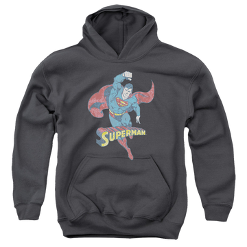 Charcoal youth hoodie for ages 8 to 12 with Desaturated Superman graphic