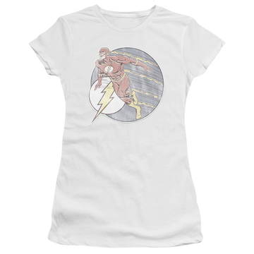 White juniors t-shirt with The Flash Retro Flash Iron On graphic