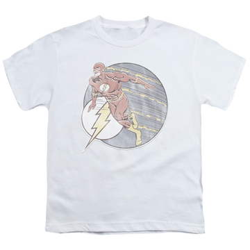 White youth t-shirt for ages 8 to 12 with The Flash Retro Flash Iron On graphic