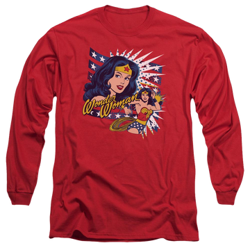 Red men's long sleeve t-shirt with Wonder Woman DC Comics Pop Art Wonder graphic
