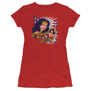 Red juniors t-shirt with Wonder Woman DC Comics Pop Art Wonder graphic