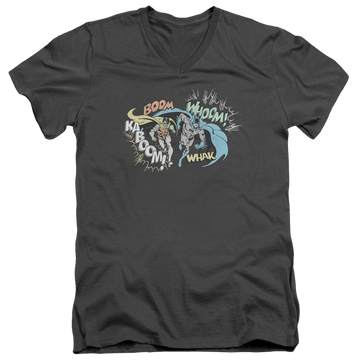 Charcoal men's v-neck t-shirt with Batman DC Comics Action Duo graphic