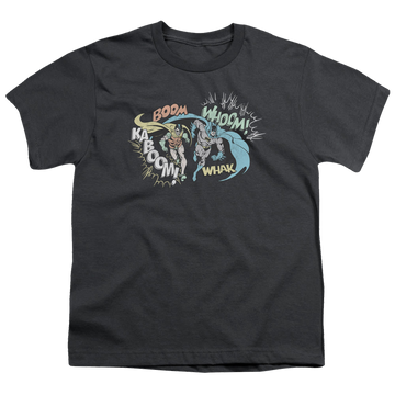 Charcoal youth t-shirt for ages 8 to 12 with Batman Robin Action Duo graphic