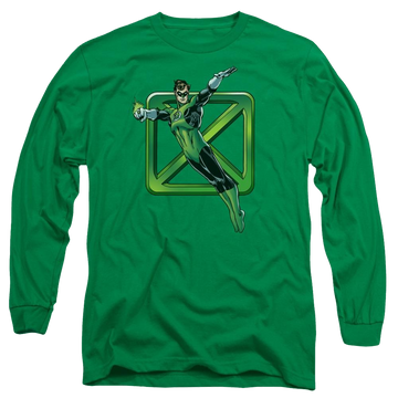 Kelly green men's long sleeve t-shirt with Green Lantern DC Comics Green Cross graphic