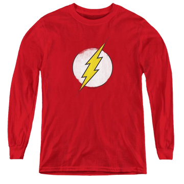 Red youth long sleeve t-shirt with The Flash Rough Flash Logo graphic