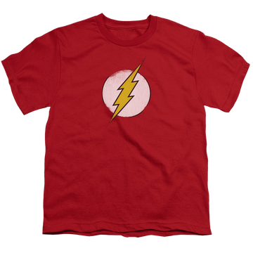 Red youth t-shirt for ages 8 to 12 with The Flash Rough Flash Logo graphic