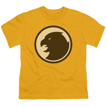 Gold youth t-shirt for ages 8 to 12 with Hawkman Symbol graphic