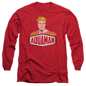 Red men's long sleeve t-shirt with Aquaman Sign graphic