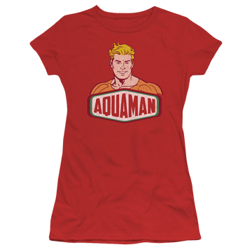 Red juniors t-shirt with Aquaman Sign graphic