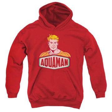 Red youth hoodie for ages 8 to 12 with Aquaman Sign graphic