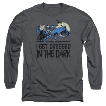 Charcoal men's long sleeve t-shirt with Batman DC Comics Get Dressed graphic