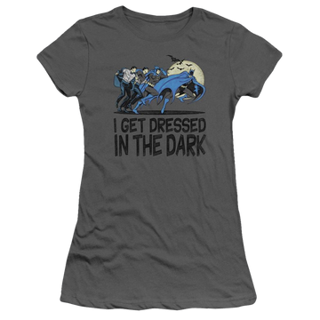 Charcoal juniors t-shirt with Batman DC Comics Get Dressed graphic