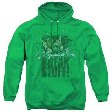 Kelly green pullover hoodie with Batman Robin Break Stuff graphic