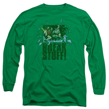 Kelly green men's long sleeve t-shirt with Batman DC Comics Break Stuff graphic