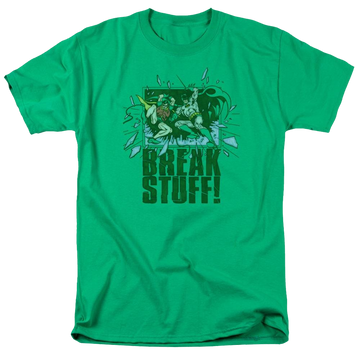 Kelly green men's regular fit t-shirt with Batman DC Comics Break Stuff graphic