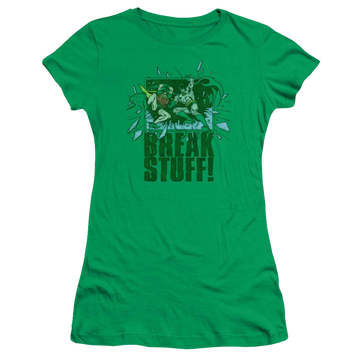 Kelly green juniors t-shirt with Batman DC Comics Break Stuff graphic
