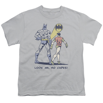 Silver youth t-shirt for ages 8 to 12 with Batman Robin No Capes graphic