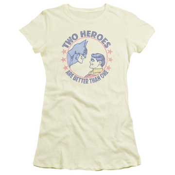 Cream juniors t-shirt with Batman DC Comics Two Heroes graphic