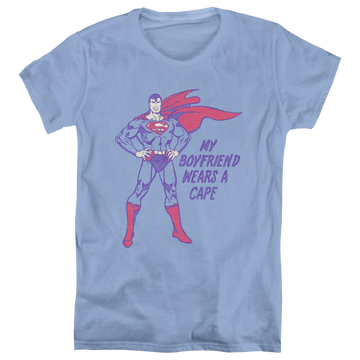 Carolina blue women's t-shirt with Superman Wears A Cape graphic