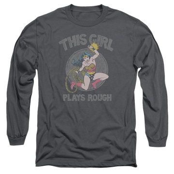 Charcoal men's long sleeve t-shirt with Wonder Woman DC Comics Plays Rough graphic