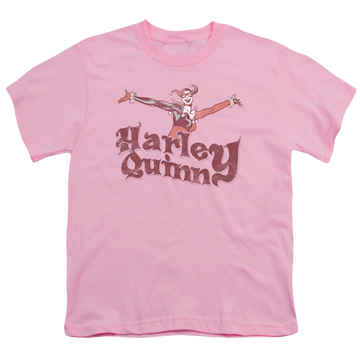 Pink youth t-shirt for ages 8 to 12 with Harley Quinn Harley Hop Vintage graphic
