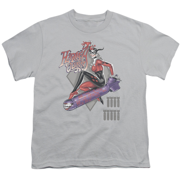 Silver youth t-shirt for ages 8 to 12 with Harley Quinn Harleys The Bomb graphic