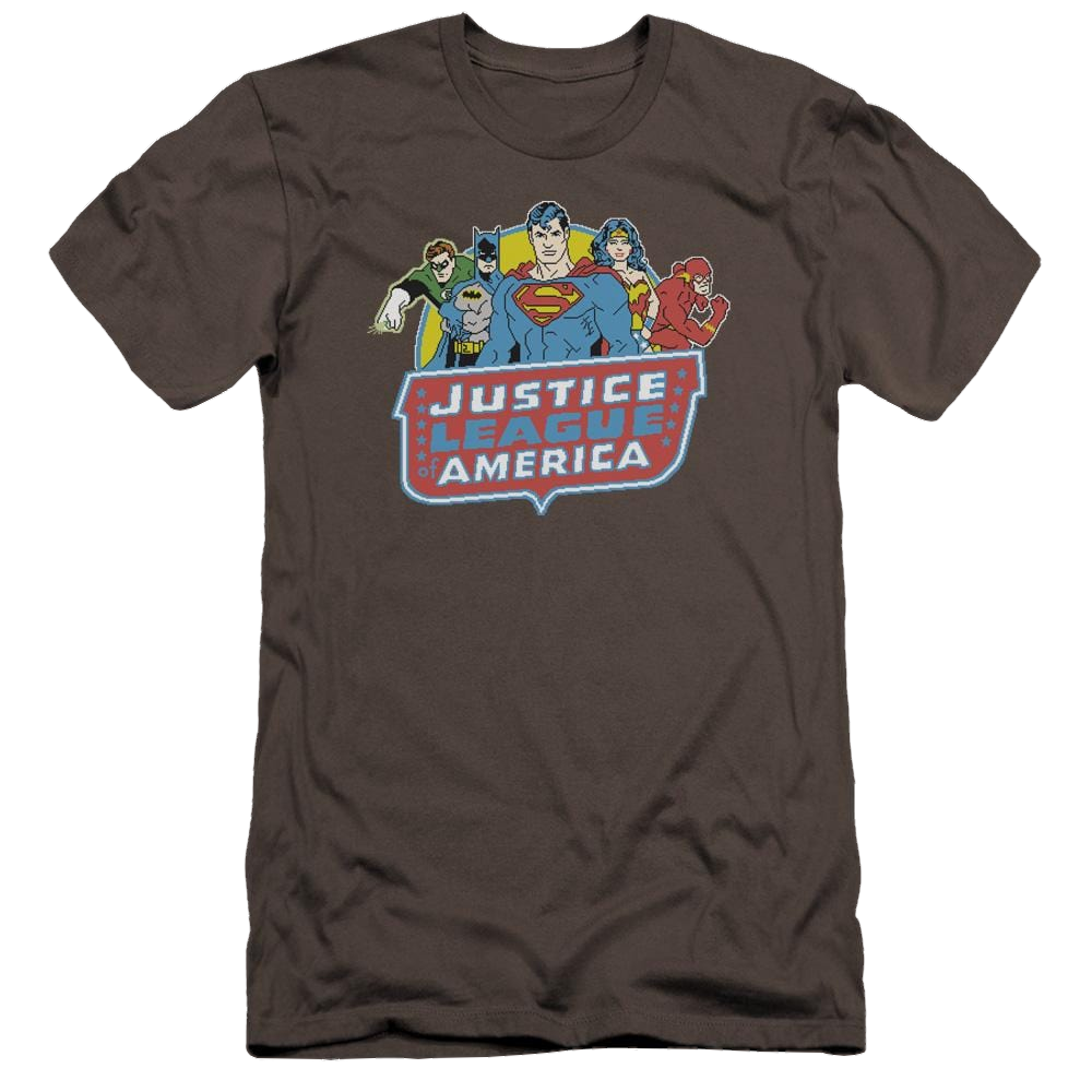 DC Comics 8 Bit League - Men's Premium Slim Fit T-Shirt Men's Premium Slim Fit T-Shirt Justice League   