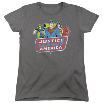 Charcoal women's t-shirt with Justice League DC Comics 8 Bit League graphic