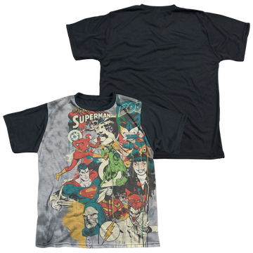 Justice League Friends Or Foes youth black back t-shirt for ages 8 to 12
