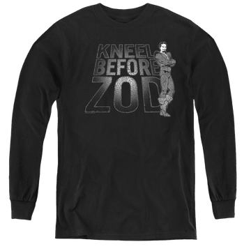Black youth long sleeve t-shirt with Superman Kneel Zod graphic