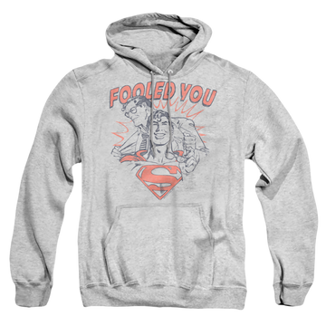 Athletic heather pullover hoodie with Superman Fooled You graphic