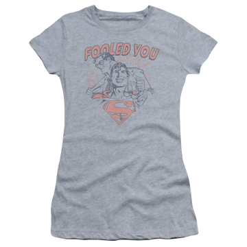 Athletic heather juniors t-shirt with Superman DC Comics Fooled You graphic