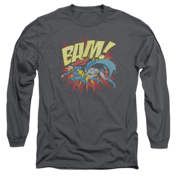 Charcoal men's long sleeve t-shirt with Superman DC Comics Bam graphic