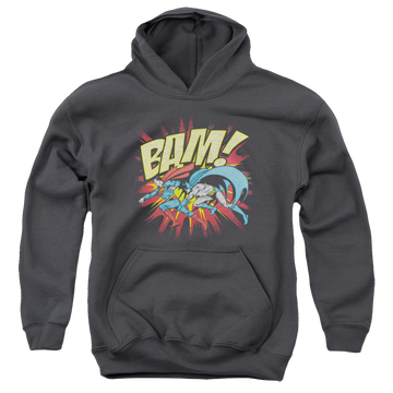 Charcoal youth hoodie for ages 8 to 12 with Superman Bam graphic