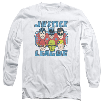 White men's long sleeve t-shirt with Justice League DC Comics Faces Of Justice graphic