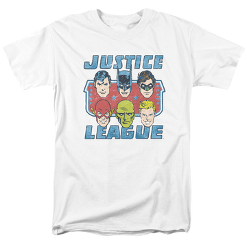 White men's regular fit t-shirt with Justice League DC Comics Faces Of Justice graphic
