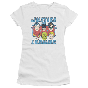 White juniors t-shirt with Justice League DC Comics Faces Of Justice graphic