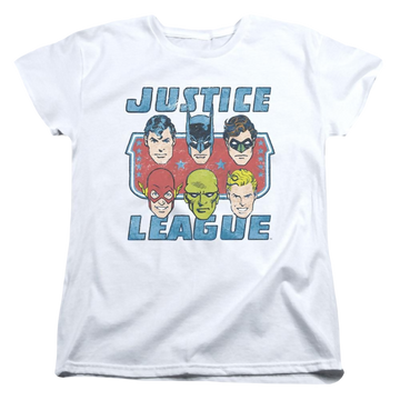 White women's t-shirt with Justice League DC Comics Faces Of Justice graphic