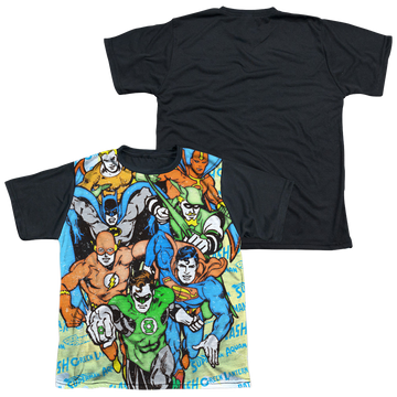 Justice League Follow The Leader youth black back t-shirt for ages 8 to 12