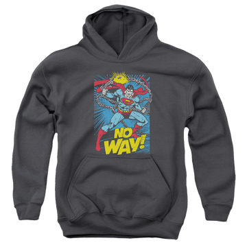 Charcoal youth hoodie for ages 8 to 12 with Superman No Way graphic