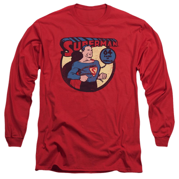 Red men's long sleeve t-shirt with DC Comics Superman 64 graphic