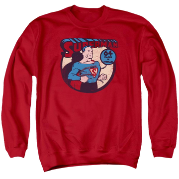 Red men's crewneck sweatshirt with DC Comics Superman 64 graphic